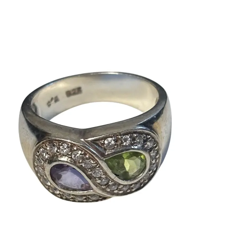Beautiful Women’s 925 Silver green and purple gemstone ring size 8